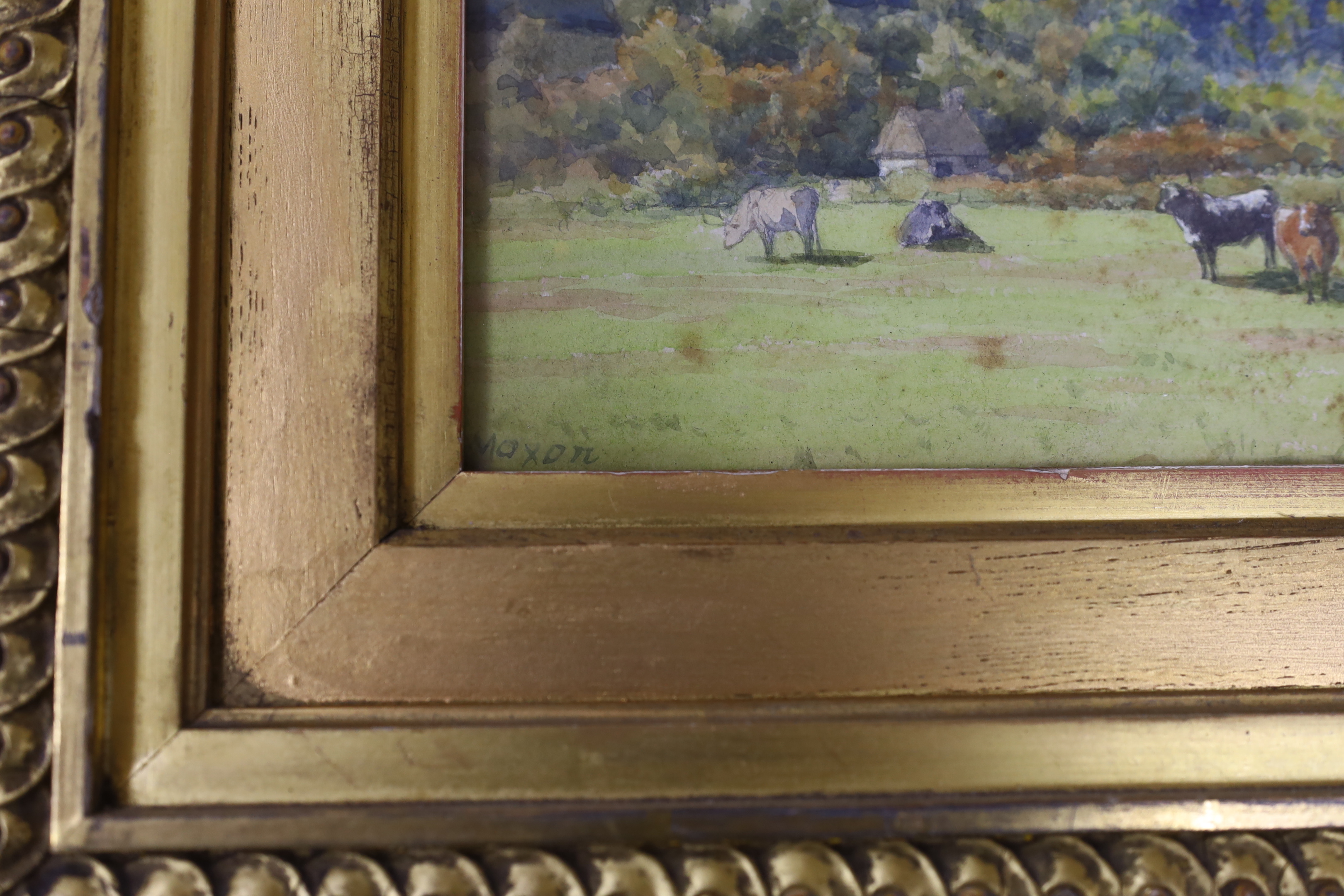 Herbert Moxon Cook (1844-1928), watercolour, Mountainous landscape with grazing cattle, signed, 22 x 31cm, ornate gilt framed